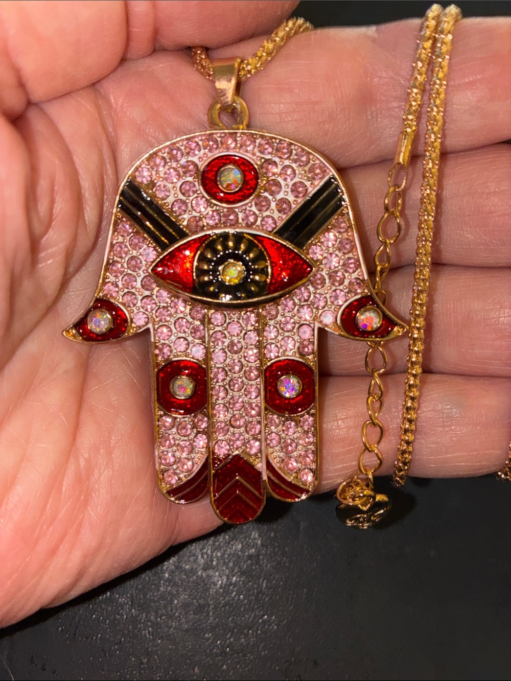 Hamsa Pendant Necklace with Pink Crystals and Red Enamel Accents